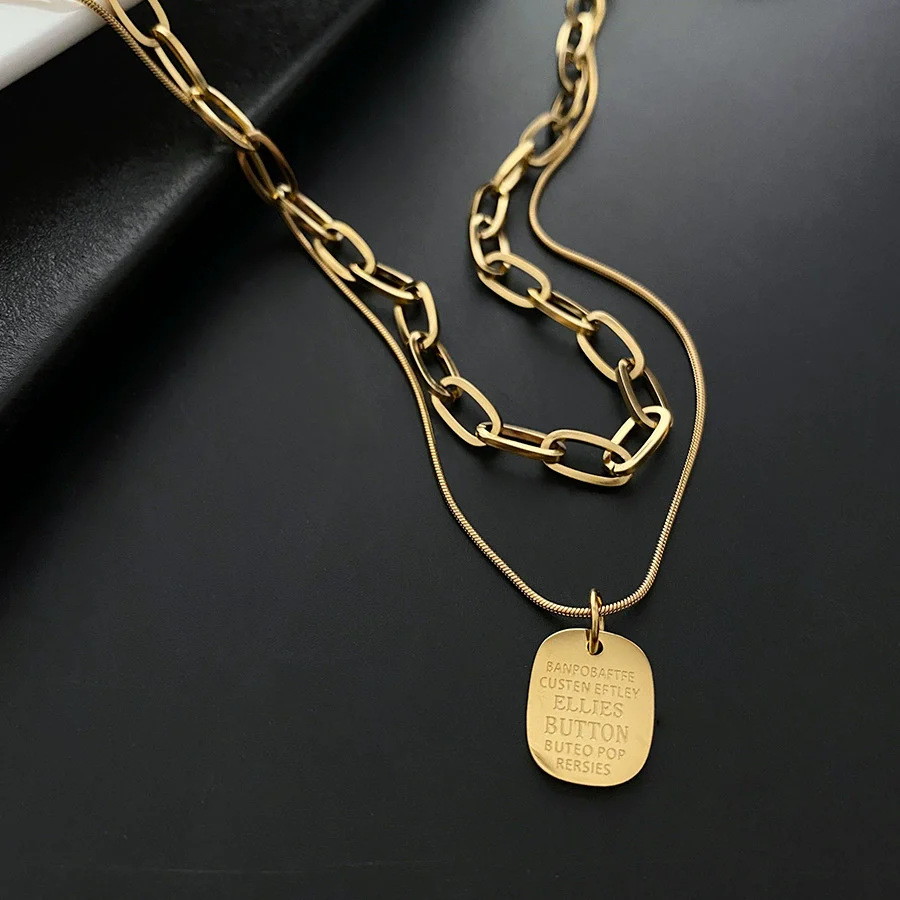 Titanium Steel Square Snake Bone Chain Double Layer Overlapping Collarbone Necklace With Geometric Pattern Light Luxury Style Jewelry For Female - Image 6