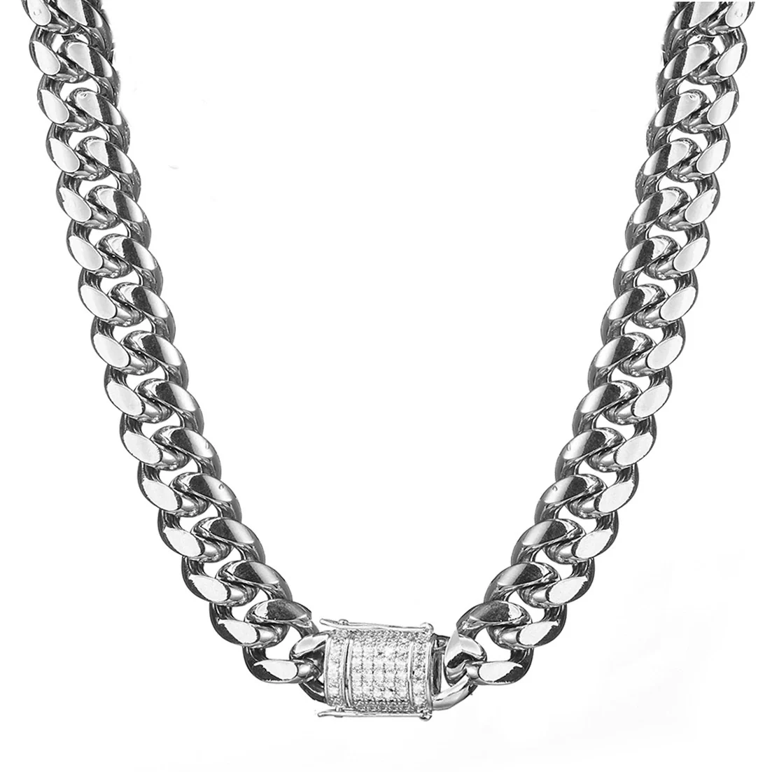 Titanium Steel Stainless Steel Cuban Chain Hiphop Geometric Microinlaid White Diamond Clasp Encrypted Necklace With Polishing And Electroplating For Men - Image 2