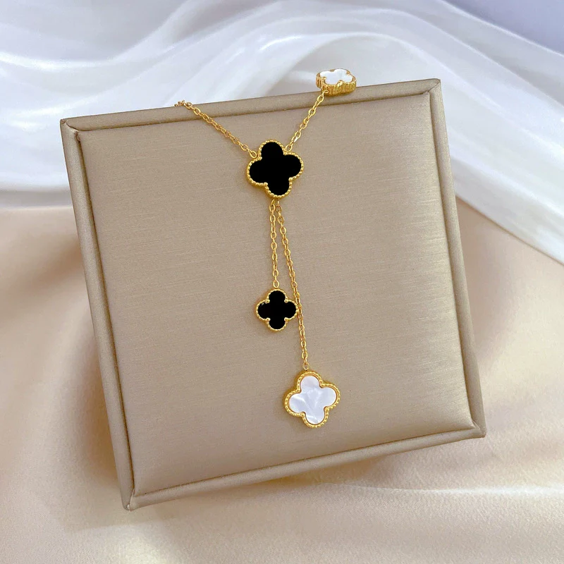 Titanium Steel Tassel Four Leaf Flower Geometric Cartoon Style Electroplated Necklace Accessories - Image 3
