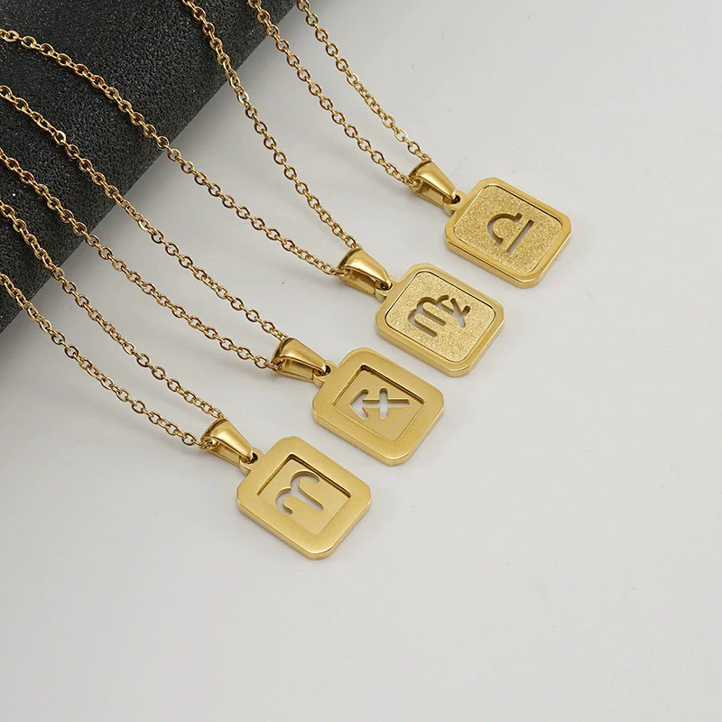 316L Stainless Steel Twelve Constellation Pendant Necklace For Women With Sand Glitter Powder And Vacuum Plating - Image 3