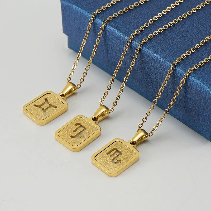 316L Stainless Steel Twelve Constellation Pendant Necklace For Women With Sand Glitter Powder And Vacuum Plating - Image 4