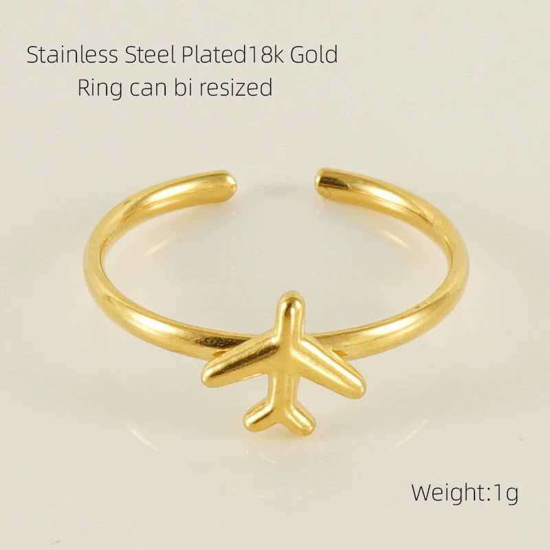 316L Stainless Steel Women's Airplane Ring With Geometric And Four Leaf Clover Pattern Electroplated Design - Image 8
