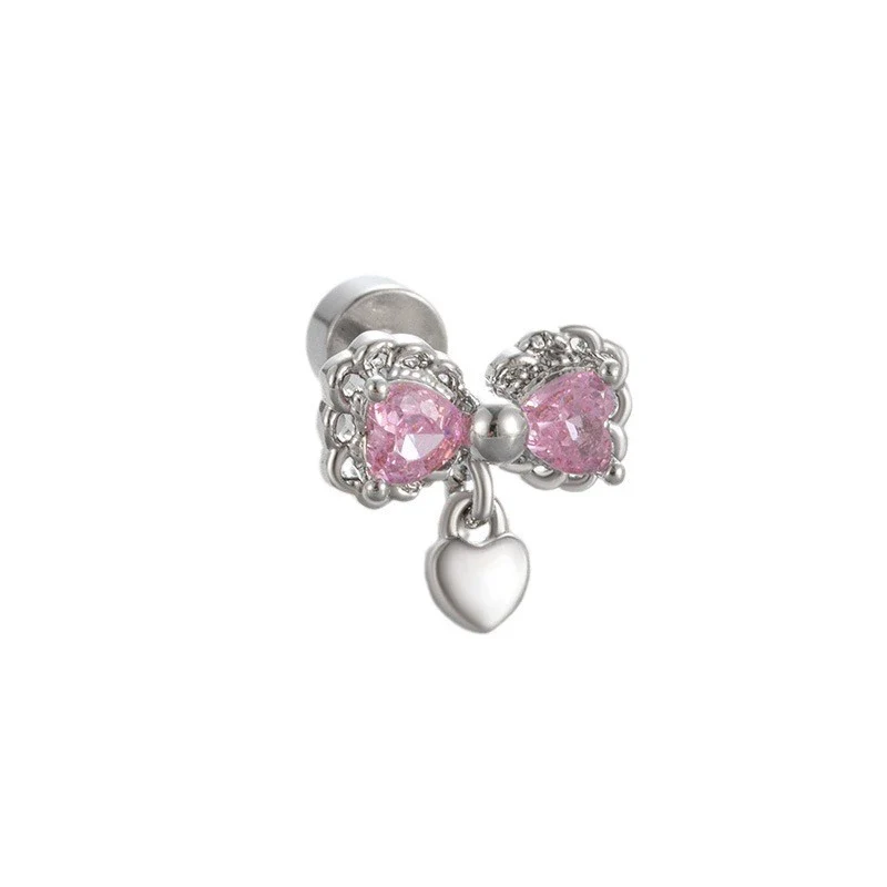 Titanium Steel Women's Cute Bear Pink Bow Zircon Earrings - Image 4