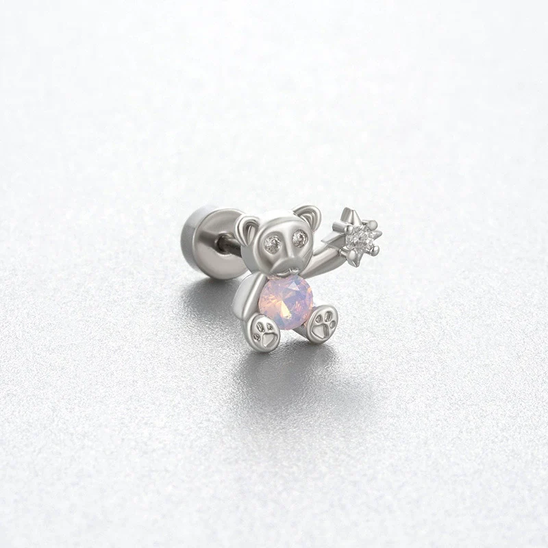 Titanium Steel Women's Cute Bear Pink Bow Zircon Earrings - Image 5