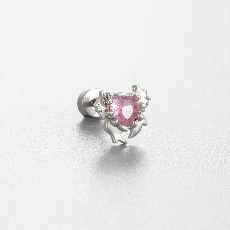 Titanium Steel Women's Cute Bear Pink Bow Zircon Earrings - Image 6