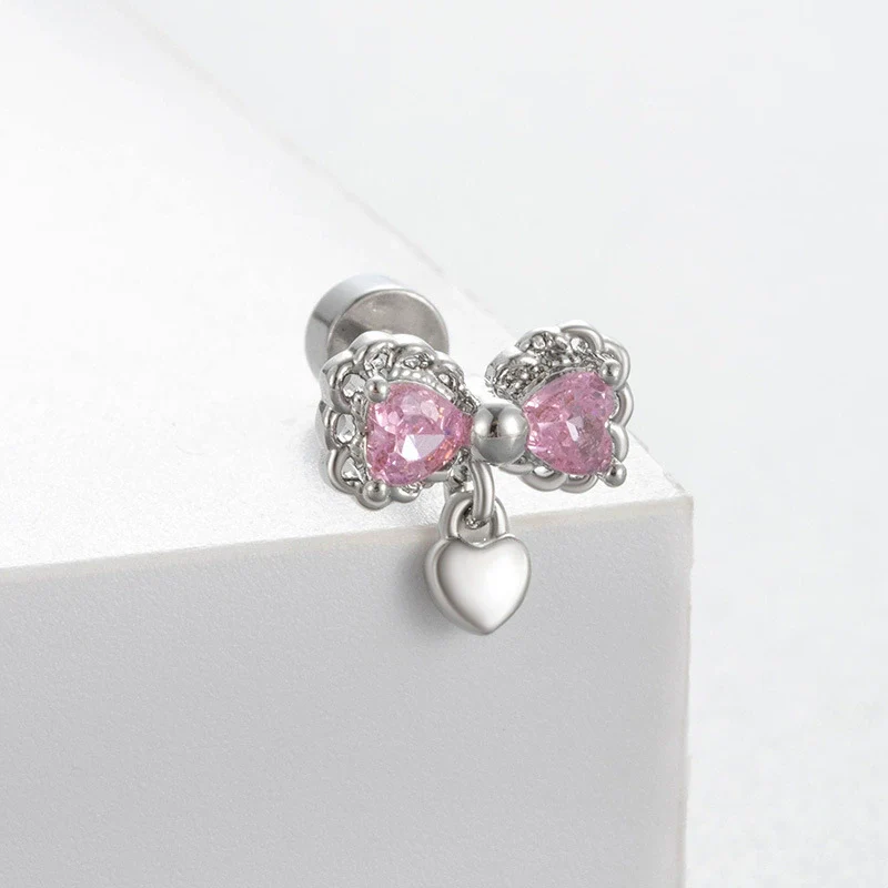 Titanium Steel Women's Cute Bear Pink Bow Zircon Earrings - Image 7