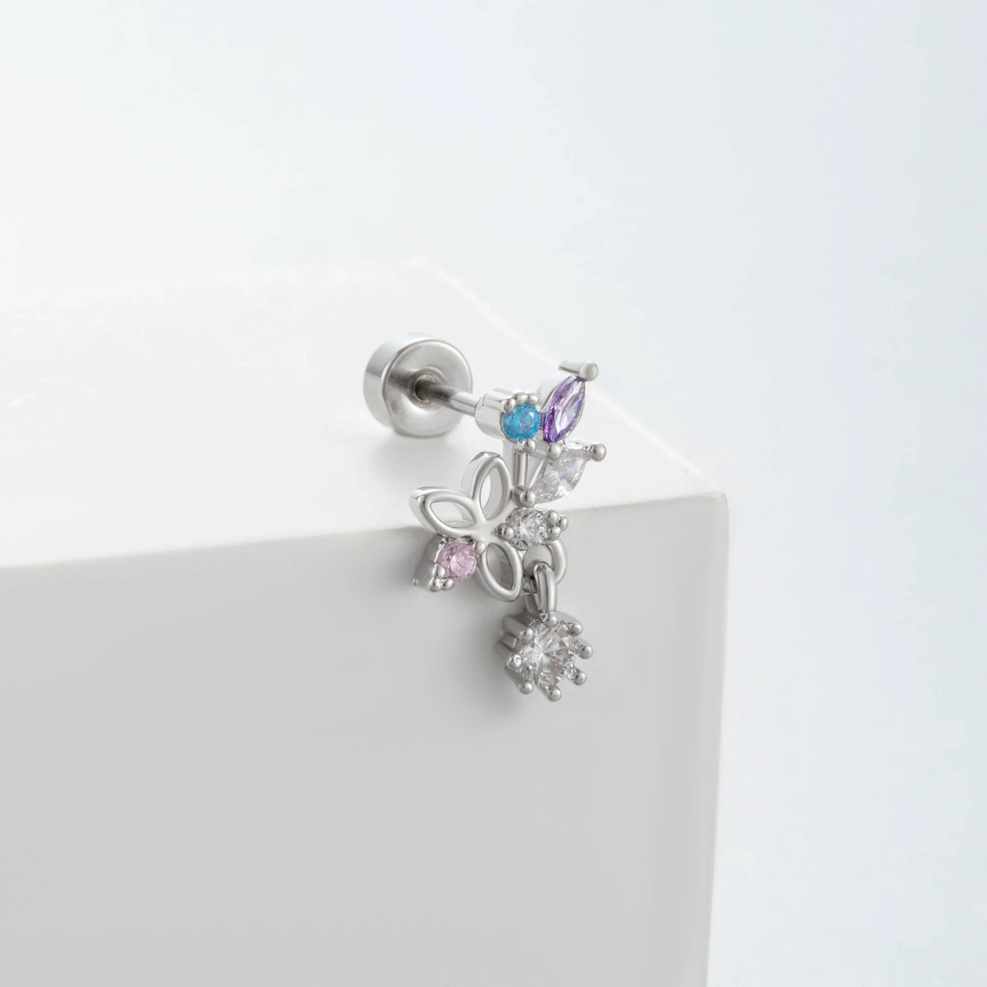 Titanium Steel Women's Geometric Flower Inlaid Zircon Fivepointed Star Pendant Earrings - Image 2