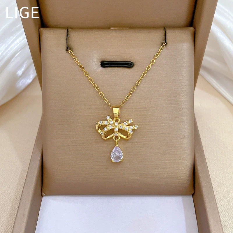 Titanium Steel Women's Geometric Light Luxury Full Diamond Butterfly Water Drops Necklace Earrings Set With Electroplating - Image 3