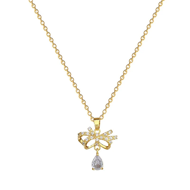 Titanium Steel Women's Geometric Light Luxury Full Diamond Butterfly Water Drops Necklace Earrings Set With Electroplating - Image 4