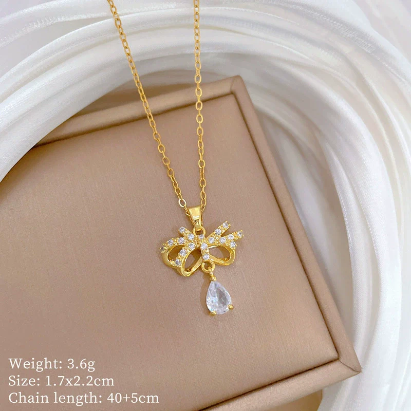 Titanium Steel Women's Geometric Light Luxury Full Diamond Butterfly Water Drops Necklace Earrings Set With Electroplating - Image 5