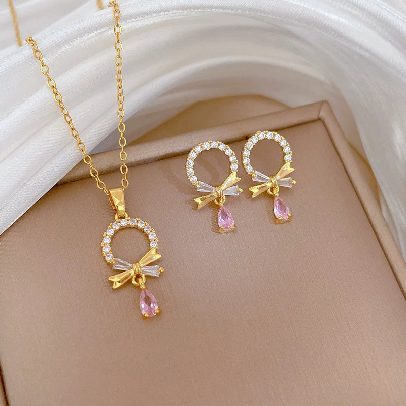 Titanium Steel Women's Geometric Light Luxury Full Diamond Water Drops Earrings Necklace Set With Electroplating