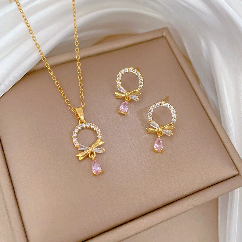 Titanium Steel Women's Geometric Light Luxury Full Diamond Water Drops Earrings Necklace Set With Electroplating - Image 3