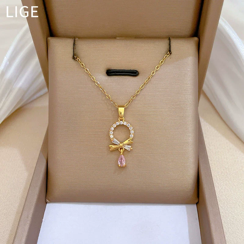Titanium Steel Women's Geometric Light Luxury Full Diamond Water Drops Earrings Necklace Set With Electroplating - Image 4