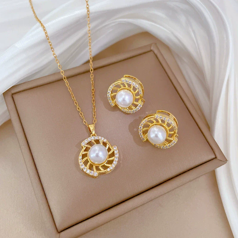 Titanium Steel Women's Geometric Rotating Pearl Full Diamond Elegant Light Luxury Necklace Earrings Set With Electroplating