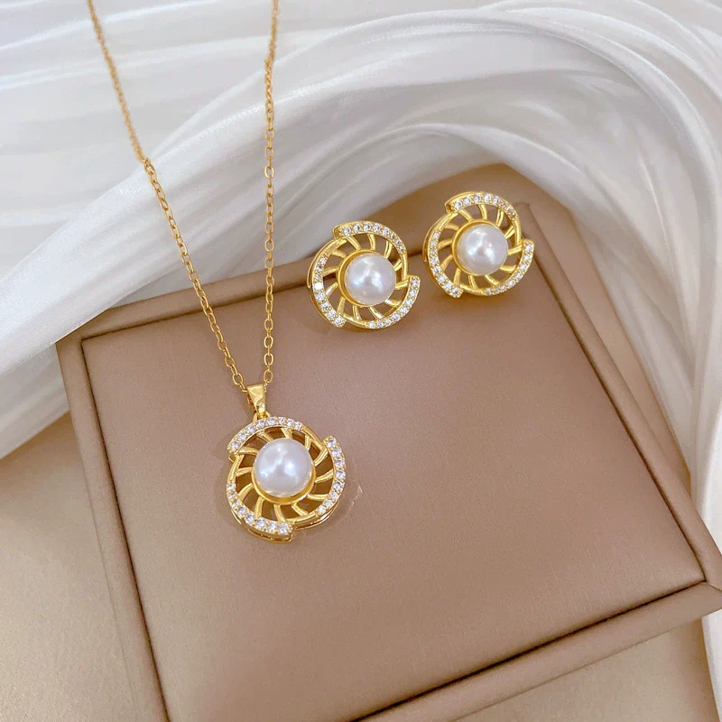 Titanium Steel Women's Geometric Rotating Pearl Full Diamond Elegant Light Luxury Necklace Earrings Set With Electroplating - Image 3