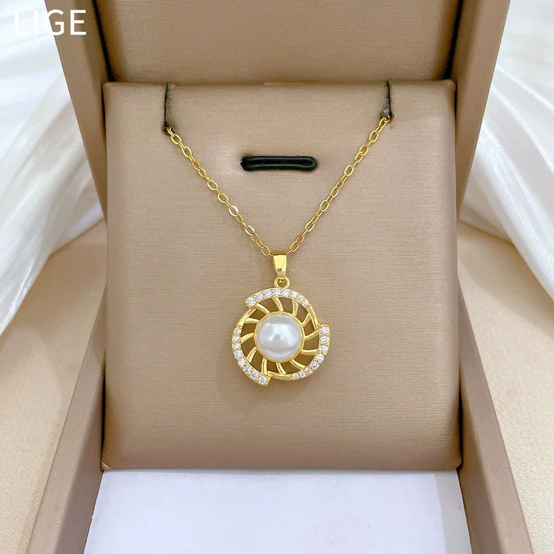 Titanium Steel Women's Geometric Rotating Pearl Full Diamond Elegant Light Luxury Necklace Earrings Set With Electroplating - Image 4