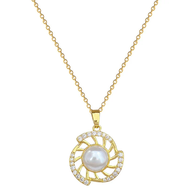 Titanium Steel Women's Geometric Rotating Pearl Full Diamond Elegant Light Luxury Necklace Earrings Set With Electroplating - Image 5