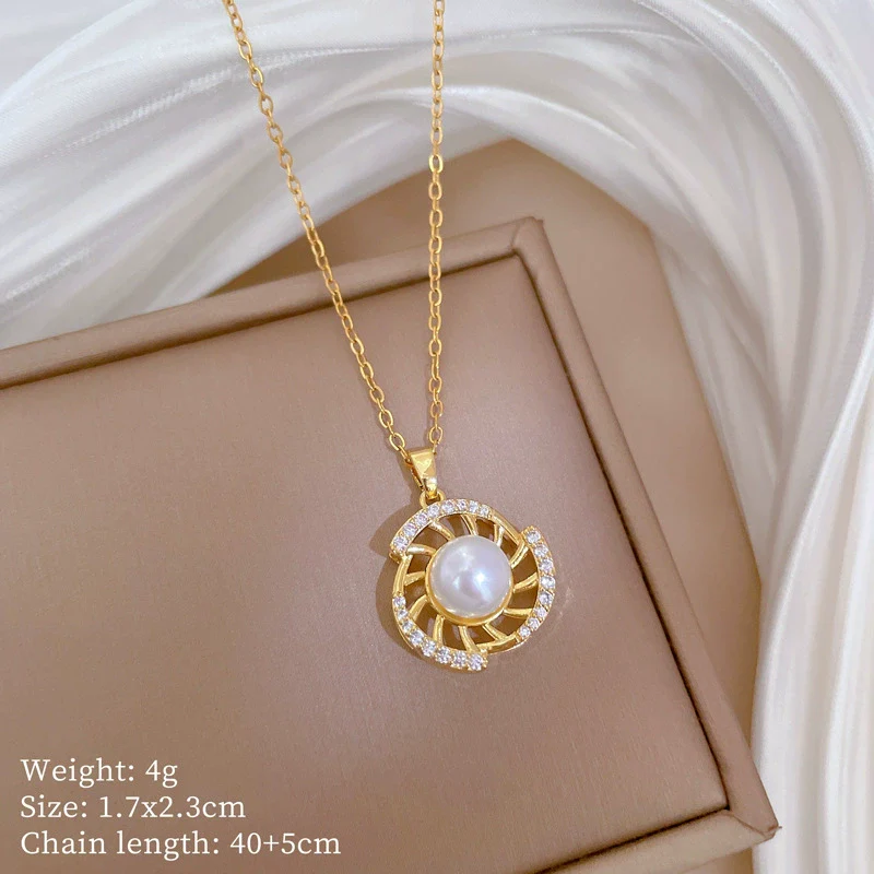 Titanium Steel Women's Geometric Rotating Pearl Full Diamond Elegant Light Luxury Necklace Earrings Set With Electroplating - Image 6