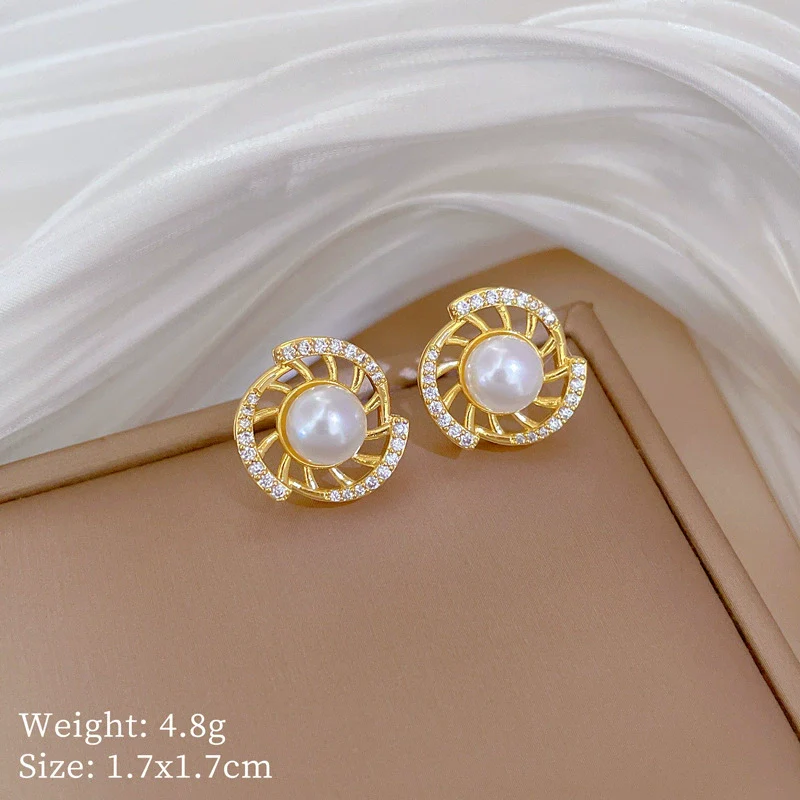 Titanium Steel Women's Geometric Rotating Pearl Full Diamond Elegant Light Luxury Necklace Earrings Set With Electroplating - Image 7