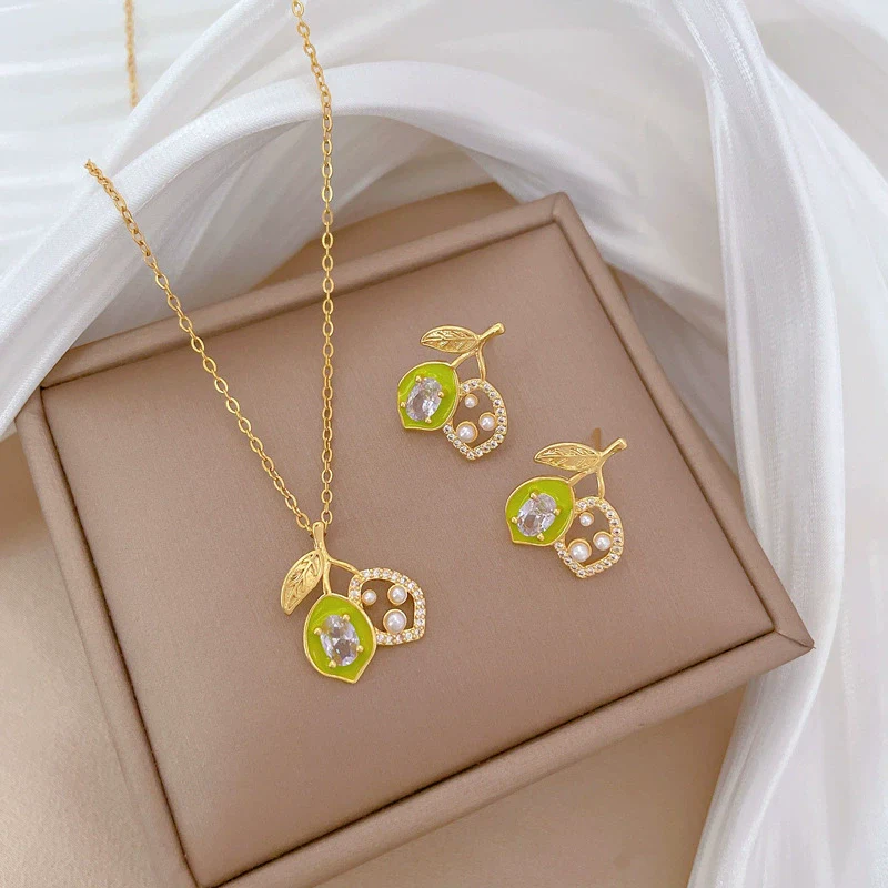 Titanium Steel Women's Geometric Style Jewelry Set With Electroplating Treatment Including Necklace And Earrings