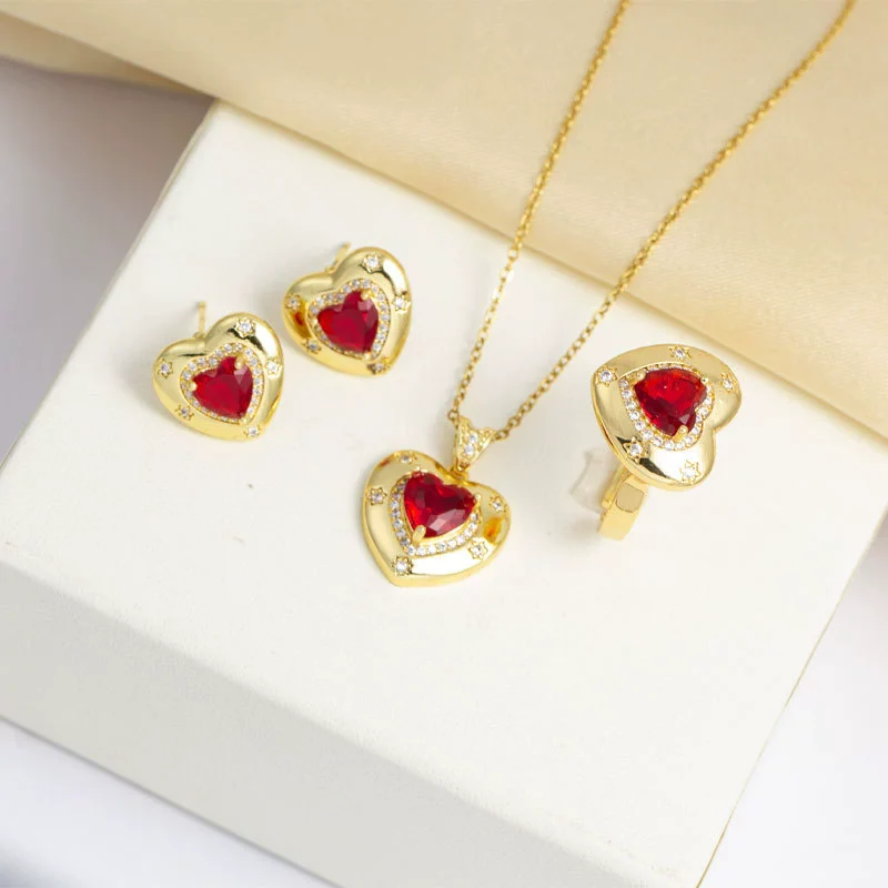 Titanium Steel Women's Heartshaped Mixed Gemstone Pendant Jewelry Set With O Word Chain And Electroplating Design - Image 9