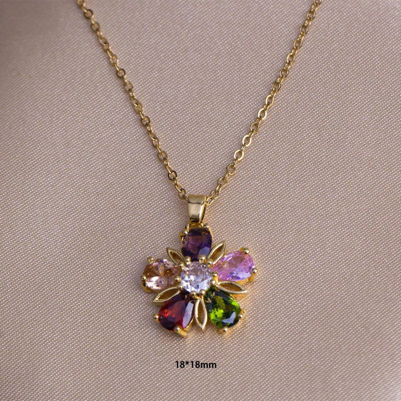 Titanium Steel Women's Jewelry Set With Gemstone Flower Pendant Ring And Earring Electroplated O Word Chain - Image 3