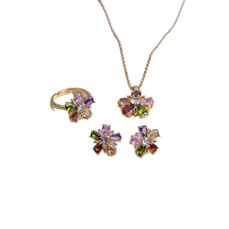 Titanium Steel Women's Jewelry Set With Gemstone Flower Pendant Ring And Earring Electroplated O Word Chain - Image 5