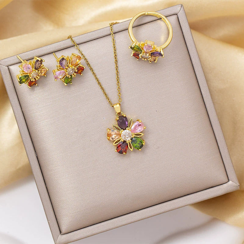 Titanium Steel Women's Jewelry Set With Gemstone Flower Pendant Ring And Earring Electroplated O Word Chain - Image 9