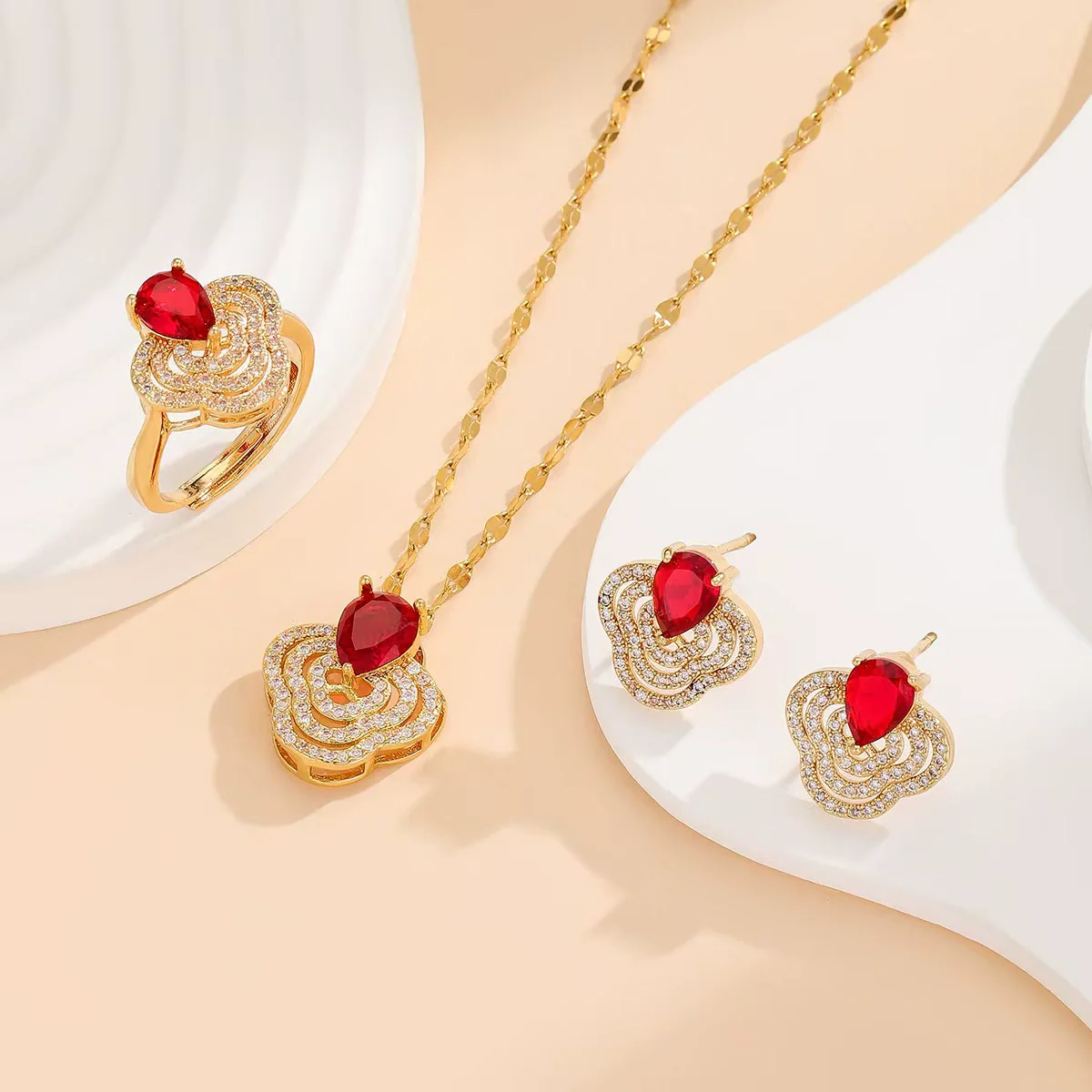 Titanium Steel Women's Jewelry Set With Ruby Flower Pendant Light Luxury Style And Electroplating Design
