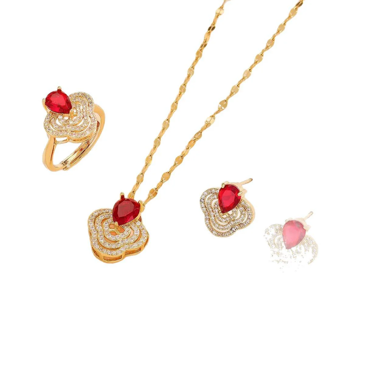 Titanium Steel Women's Jewelry Set With Ruby Flower Pendant Light Luxury Style And Electroplating Design - Image 5