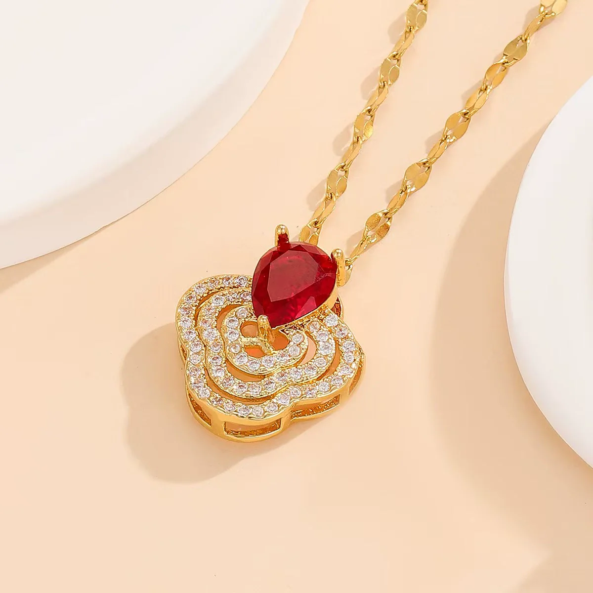 Titanium Steel Women's Jewelry Set With Ruby Flower Pendant Light Luxury Style And Electroplating Design - Image 6