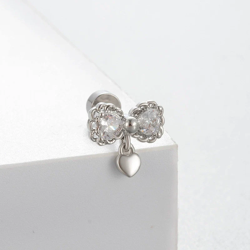 Titanium Steel Women's Lovely Style Zircon Inlaid Double Screw Bow Earring - Image 2