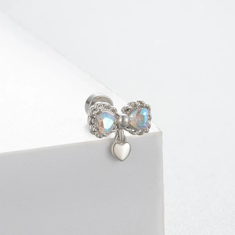 Titanium Steel Women's Lovely Style Zircon Inlaid Double Screw Bow Earring - Image 6