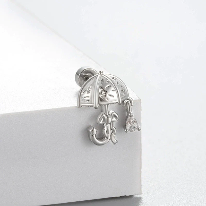 Titanium Steel Women's Lovely Style Zircon Inlaid Double Screw Bow Earring - Image 9