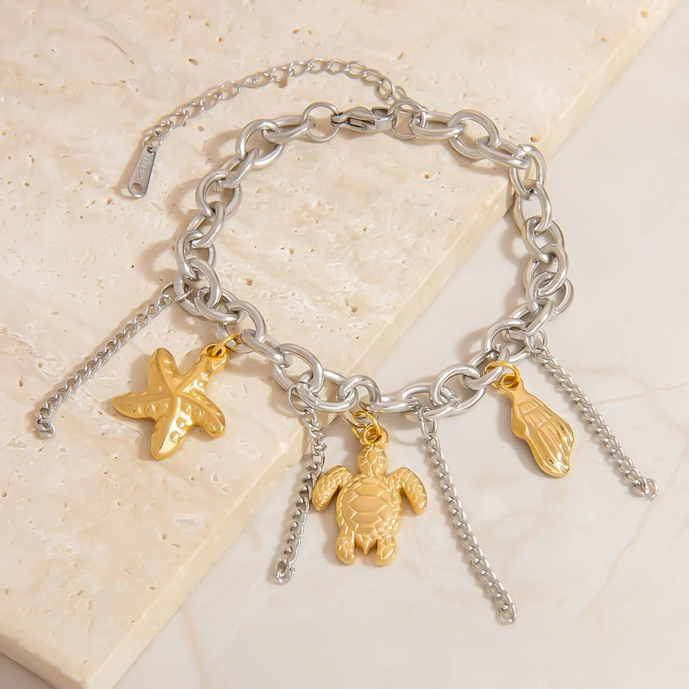 Titanium Steel Women's Minimalist Bracelet With Starfish Shell Heart Shape And Bow Pendant Electroplated - Image 3
