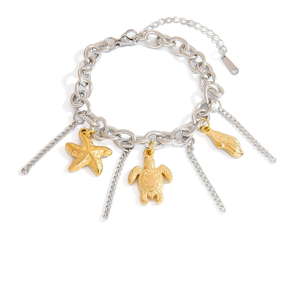 Titanium Steel Women's Minimalist Bracelet With Starfish Shell Heart Shape And Bow Pendant Electroplated - Image 5