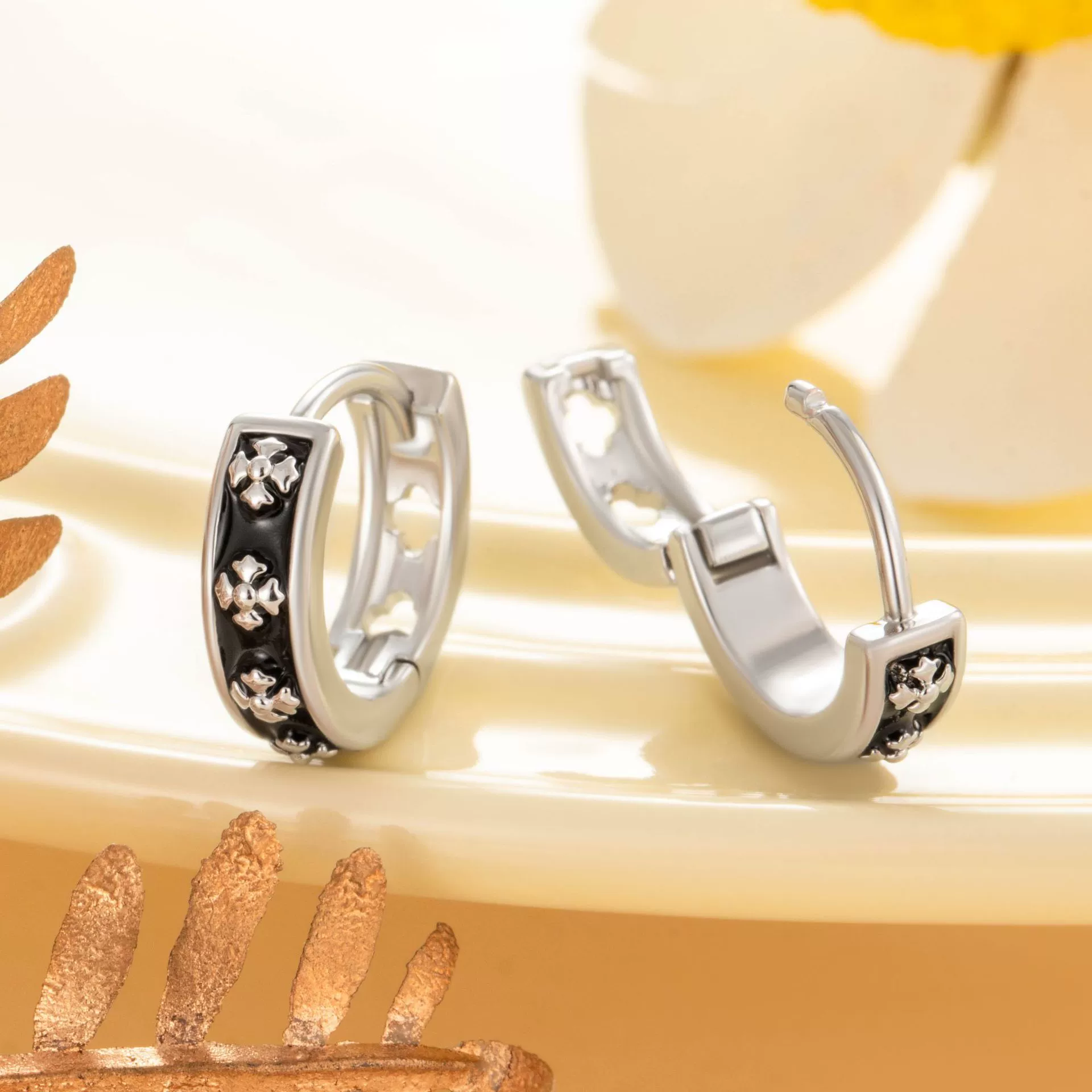 Trendy Cool Black Oil Dropping Cross Couple's Metal Earrings With Geometric Pattern And Electroplating Treatment - Image 2