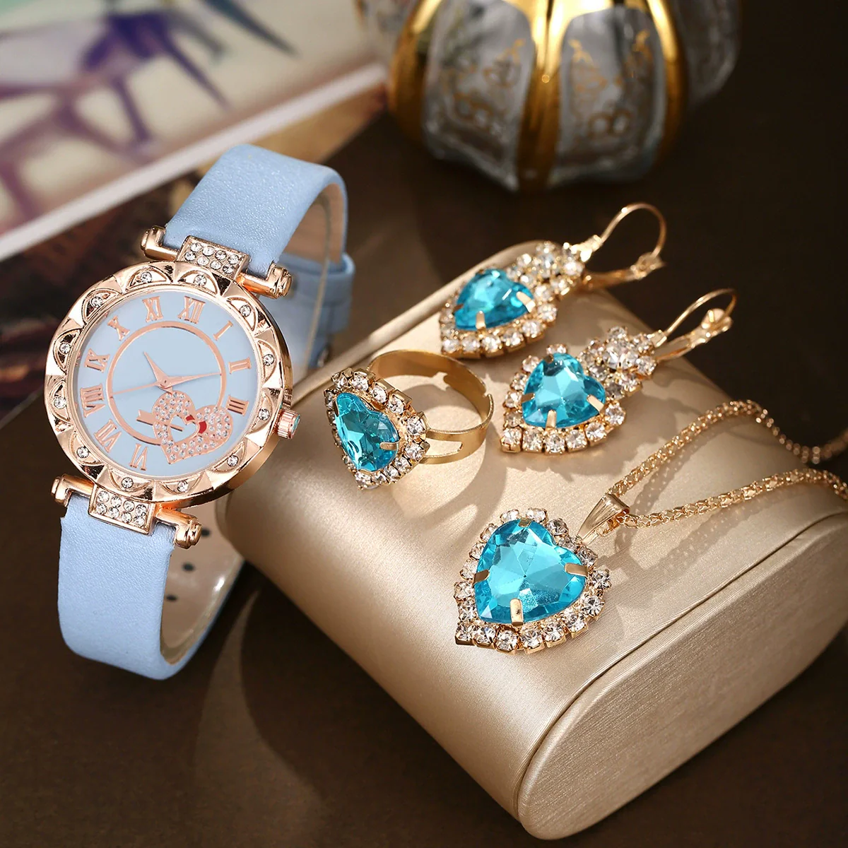 Trendy Love Arrow Round Dial Belt Watch Heart Jewelry Alloy Case Imitation Leather Strap Rose Gold Buckle