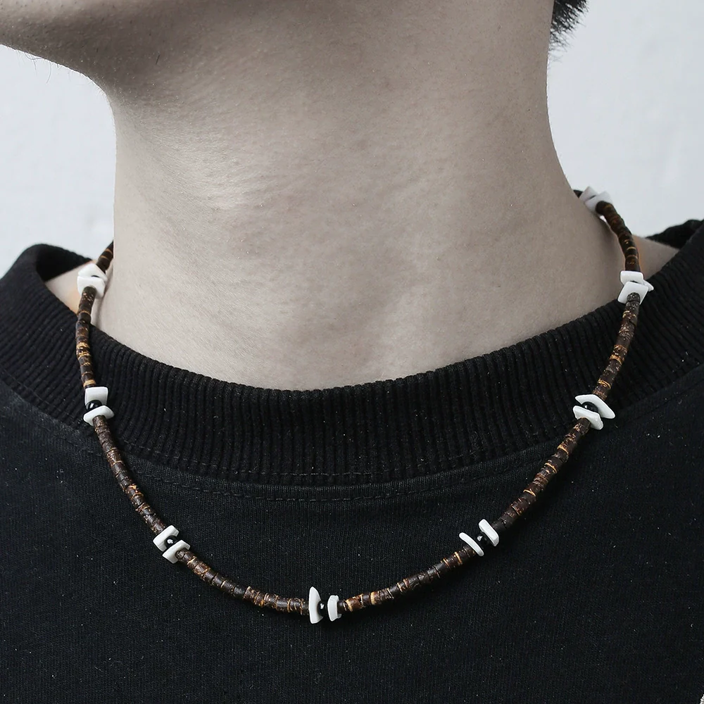 Trendy Unisex Hiphop Bohemian Style Shell Coconut Shell Wood Beads Stitching O Chain Necklace Handmade Geometric Pattern Stainless Steel Fadeless