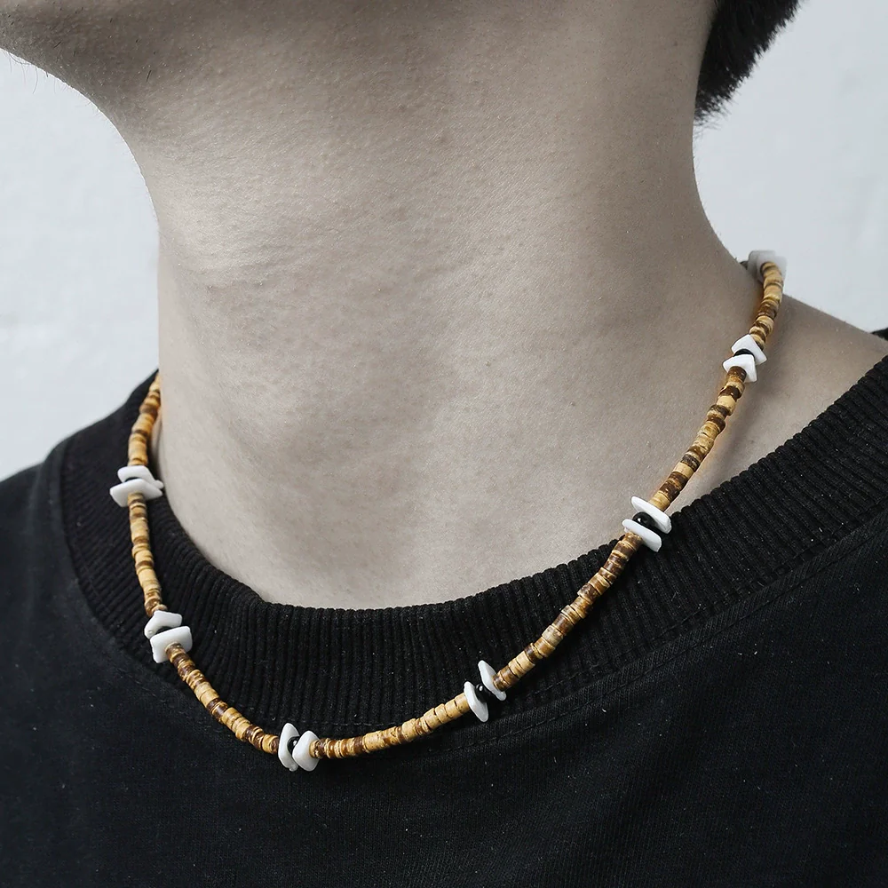 Trendy Unisex Hiphop Bohemian Style Shell Coconut Shell Wood Beads Stitching O Chain Necklace Handmade Geometric Pattern Stainless Steel Fadeless - Image 2