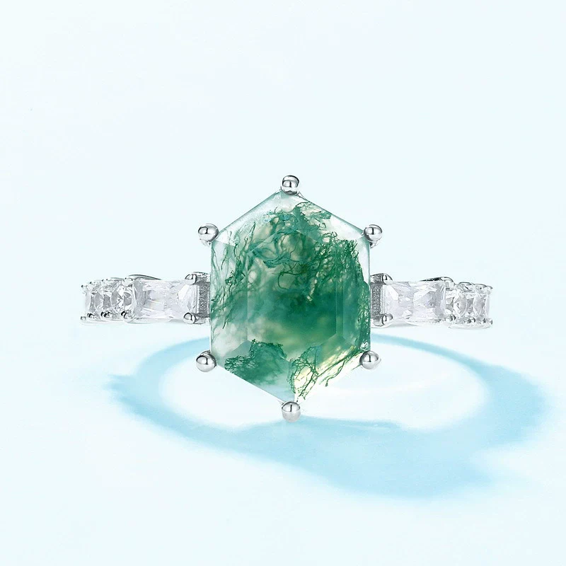 Unique Geometric Natural Water Grass Agate Stone Ring S925 Silver Retro Fashion Women's Ring With Diamond Treatment