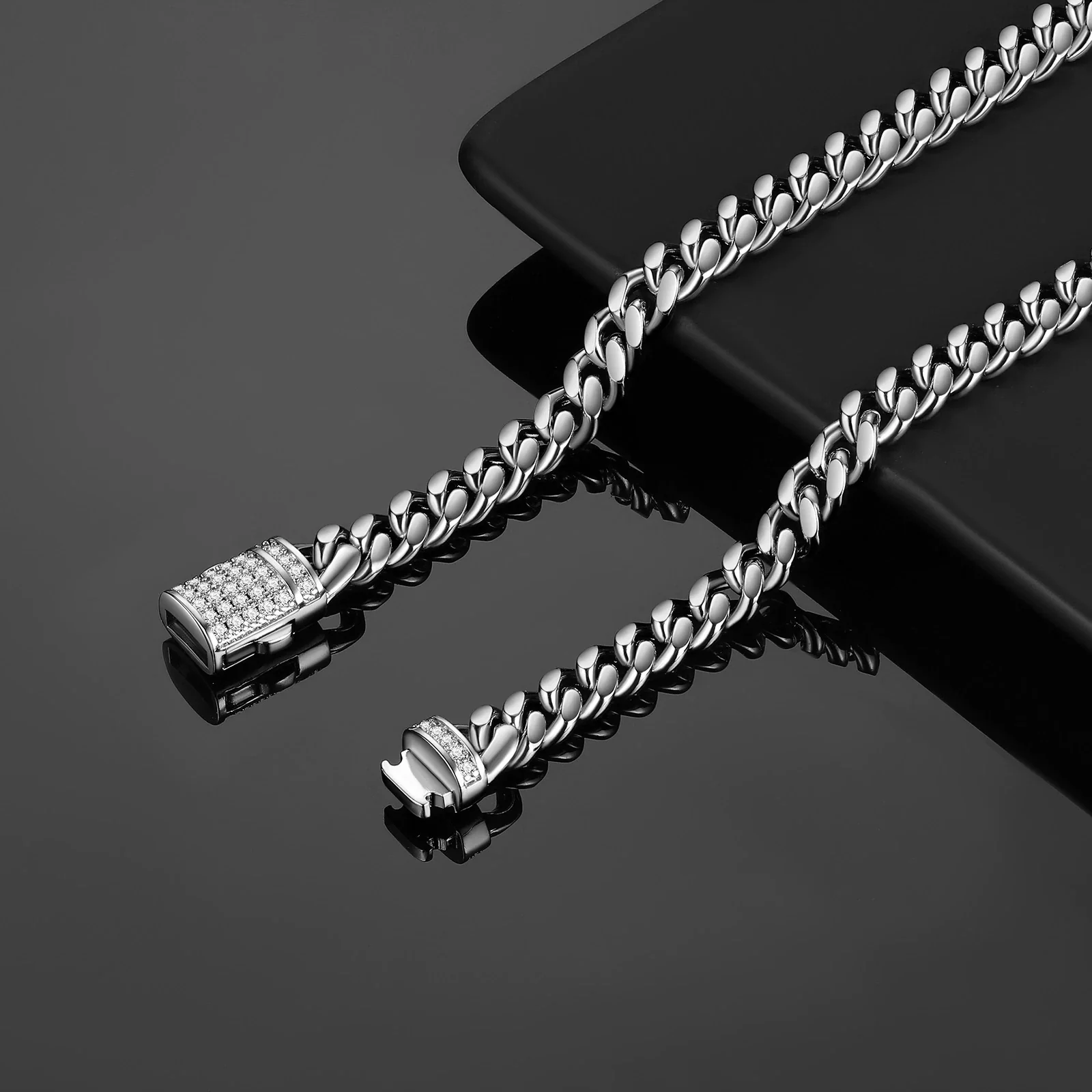 Unisex Cuban Chain Stainless Steel Geometric Polished And Electroplated Necklace With Copper Buckle And Micropaved Zircon - Image 3
