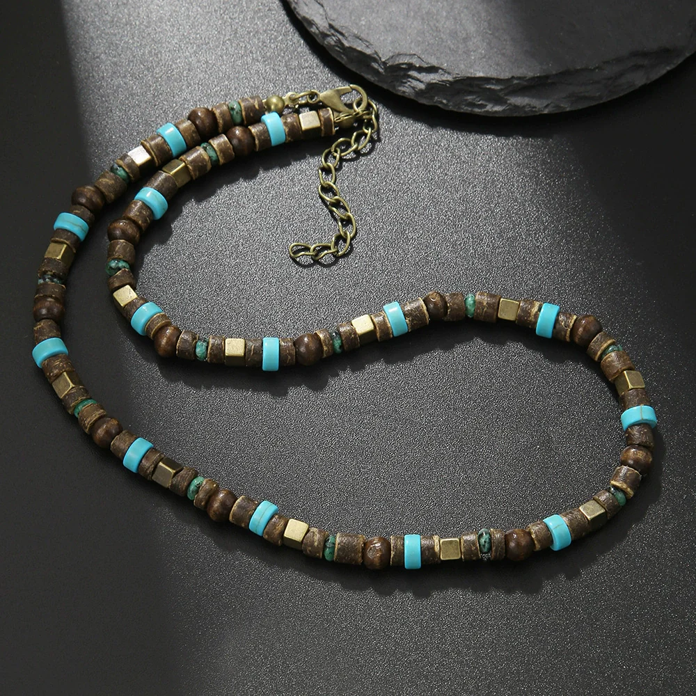 Unisex Geometric Style Coconut Shell And Wooden Beads Necklace With O Word Chain And Electroplating - Image 13