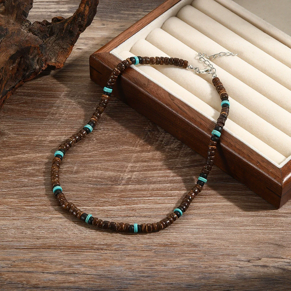 Unisex Geometric Style Coconut Shell And Wooden Beads Necklace With O Word Chain And Electroplating - Image 7