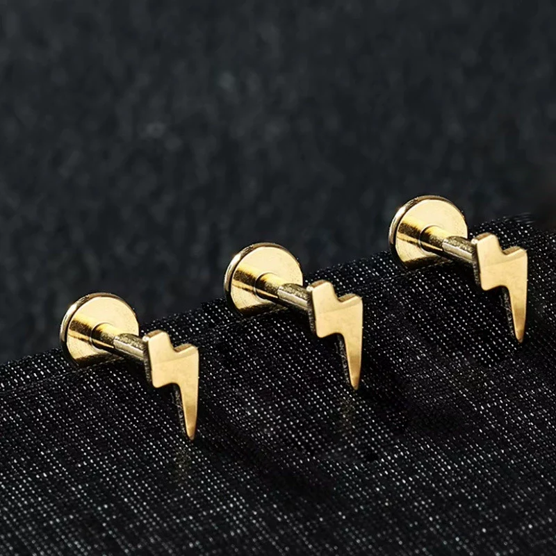 Unisex Geometric Titanium Alloy And Copper Stainless Steel Electroplated Earring And Lip Nail With Star Moon Lightning Pattern - Image 4