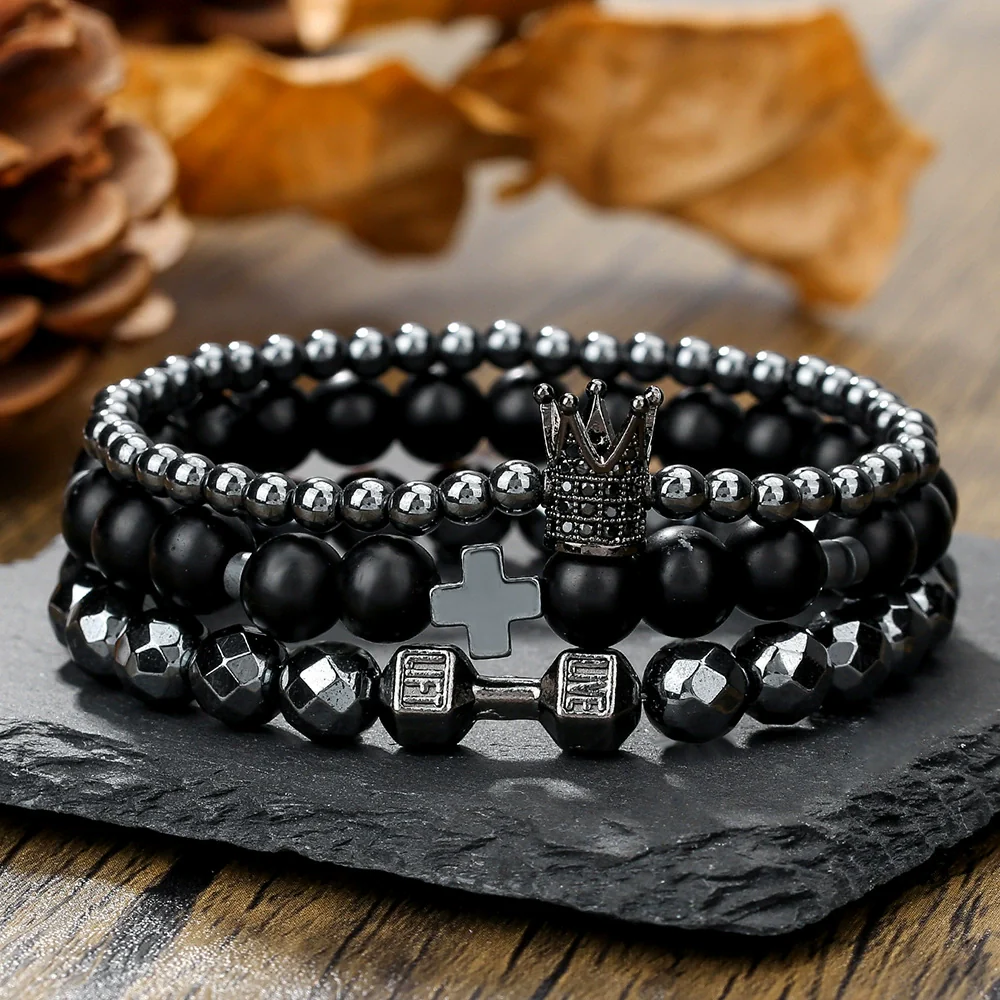 Unisex Handmade Black Gallstone Copper Alloy Geometric Beaded Bracelet With Cross Dumbbell Zircon Crown Design - Image 4
