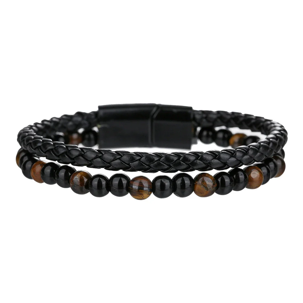 Unisex Handmade Hiphop Magnet Buckle Leather Cord Bracelet With Geometric Tiger's Eye And Volcanic Stone Beads