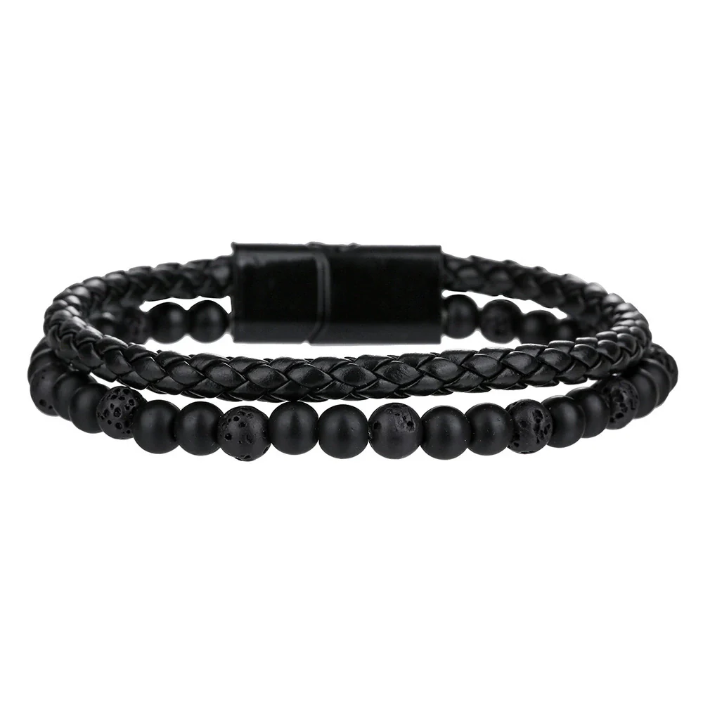 Unisex Handmade Hiphop Magnet Buckle Leather Cord Bracelet With Geometric Tiger's Eye And Volcanic Stone Beads - Image 10