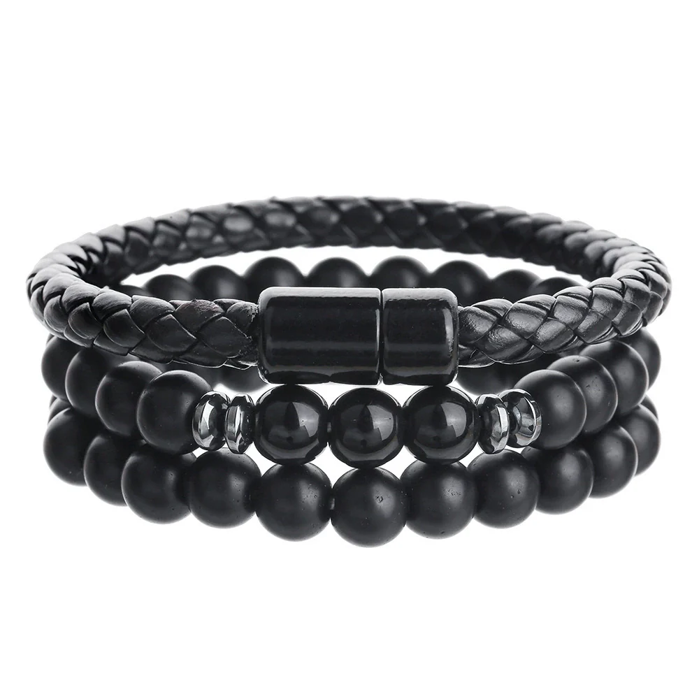 Unisex Handmade Hiphop Magnet Buckle Leather Cord Bracelet With Geometric Tiger's Eye And Volcanic Stone Beads - Image 11