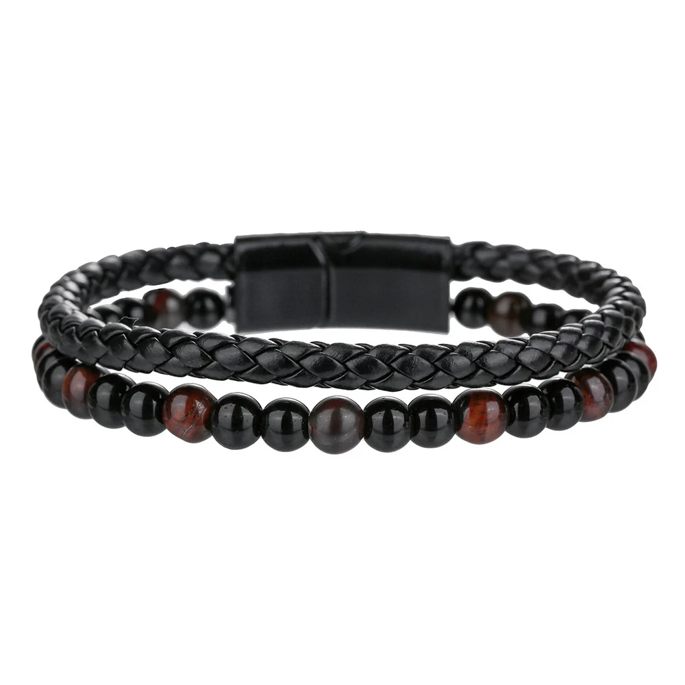 Unisex Handmade Hiphop Magnet Buckle Leather Cord Bracelet With Geometric Tiger's Eye And Volcanic Stone Beads - Image 6